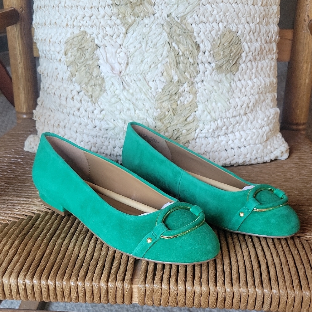 NWOB, Talbot's Madison Buckle Suede Ballet Flats, derry green, size 7.5M
